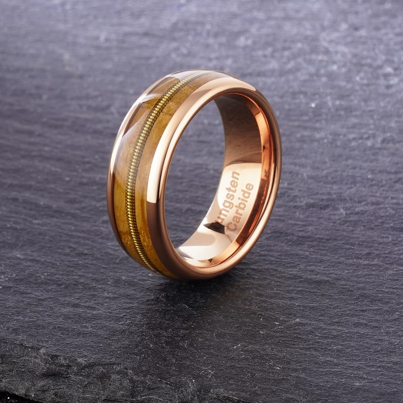 Amazing 8mm Guitar String Ring Whisky Barrel Wood and Guitar String Inlay Domed  Gold Tungsten Wedding Bands China Manufacturer