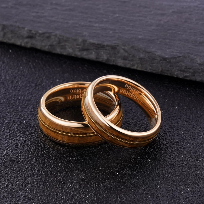 Amazing 8mm Guitar String Ring Whisky Barrel Wood and Guitar String Inlay Domed  Gold Tungsten Wedding Bands China Manufacturer