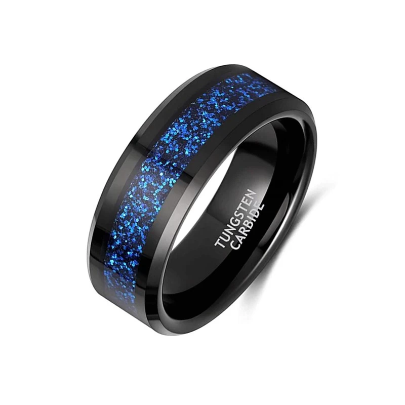 Fedi nuziali in tungsteno da uomo di nuovo stile 8mm con bordi piatti e smussati Fedi nuziali in carburo di tungsteno nero con intarsio in opale blu Cina