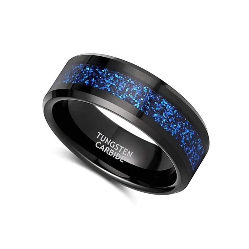 Fedi nuziali in tungsteno da uomo di nuovo stile 8mm con bordi piatti e smussati Fedi nuziali in carburo di tungsteno nero con intarsio in opale blu Cina