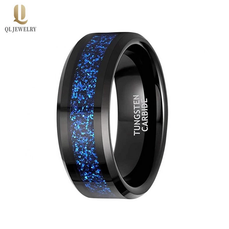Fedi nuziali in tungsteno da uomo di nuovo stile 8mm con bordi piatti e smussati Fedi nuziali in carburo di tungsteno nero con intarsio in opale blu Cina