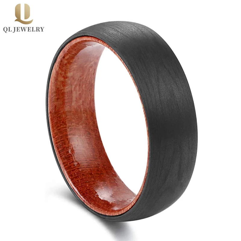 Simple and Unique Solid Forged Black Carbon Fiber and Wood Ring Men's Wedding Bands China Manufacturer