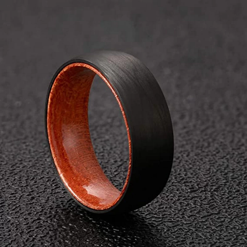 Simple and Unique Solid Forged Black Carbon Fiber and Wood Ring Men's Wedding Bands China Manufacturer
