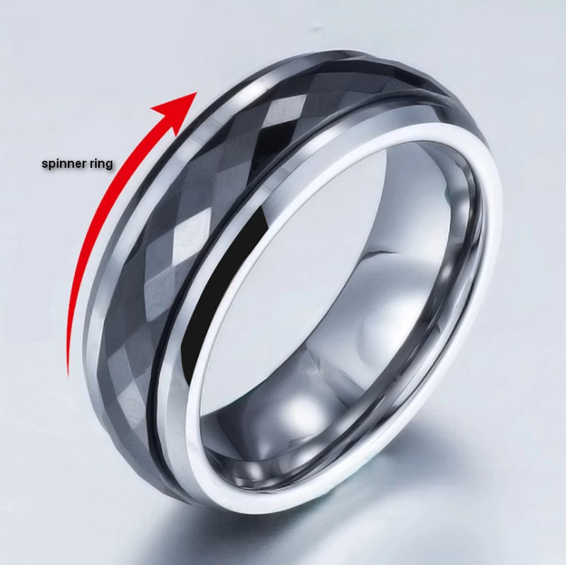 Hochwertige Wolfram- und Keramik-Eheringe gewölbter facettierter schwarzer Keramik- und Wolframkarbid-Ring-Spinner-Ring-China-Lieferant