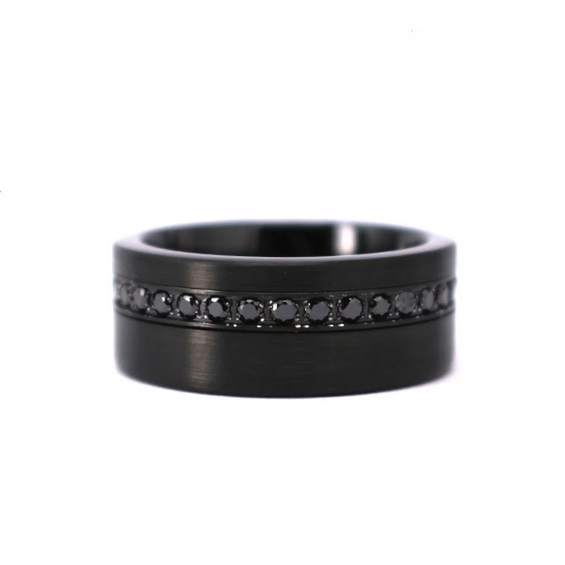 Chine Bandes de mariage uniques pour hommes de 8 mm Bague en tungstène brossé noir plat avec cercle de pierres CZ noires Fabricants