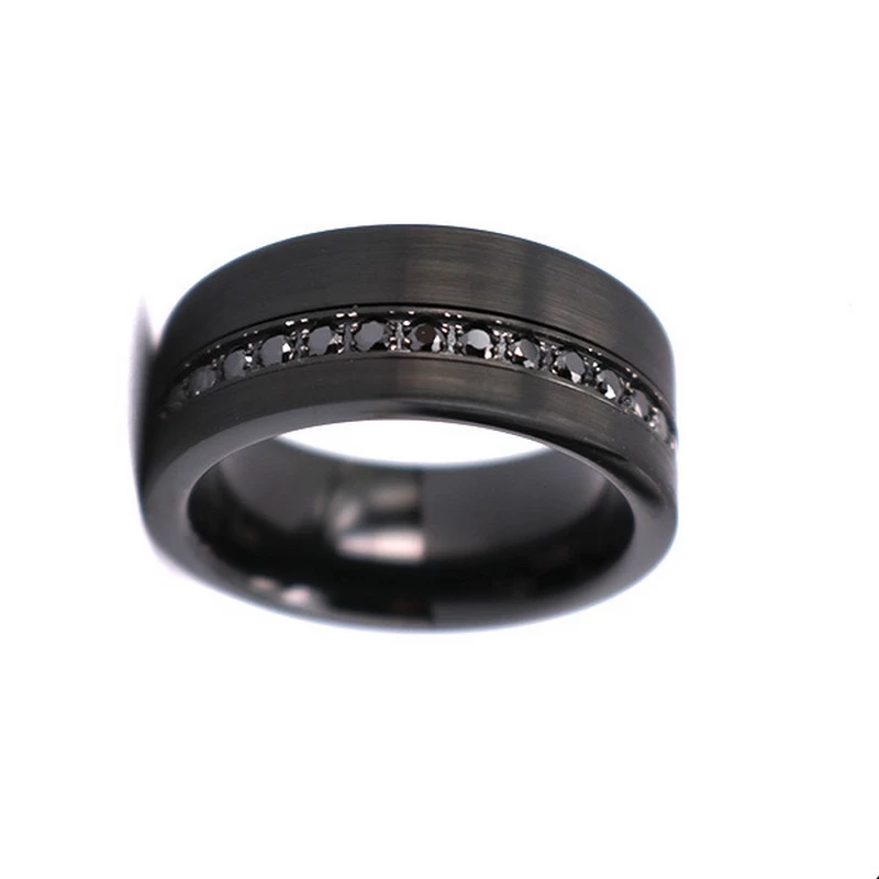 Chine Bandes de mariage uniques pour hommes de 8 mm Bague en tungstène brossé noir plat avec cercle de pierres CZ noires Fabricants