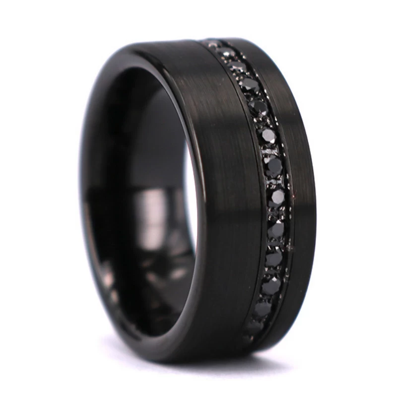 Chine Bandes de mariage uniques pour hommes de 8 mm Bague en tungstène brossé noir plat avec cercle de pierres CZ noires Fabricants