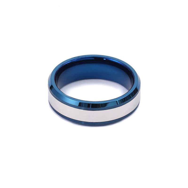 Hotsale 8mm Men's Wedding Bands Flat and Beveled Edges Blue and Silver Tungsten Ring with 7 White CZ Stones China Manufacturer