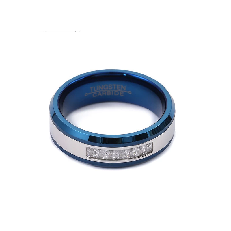 Hotsale 8mm Men's Wedding Bands Flat and Beveled Edges Blue and Silver Tungsten Ring with 7 White CZ Stones China Manufacturer