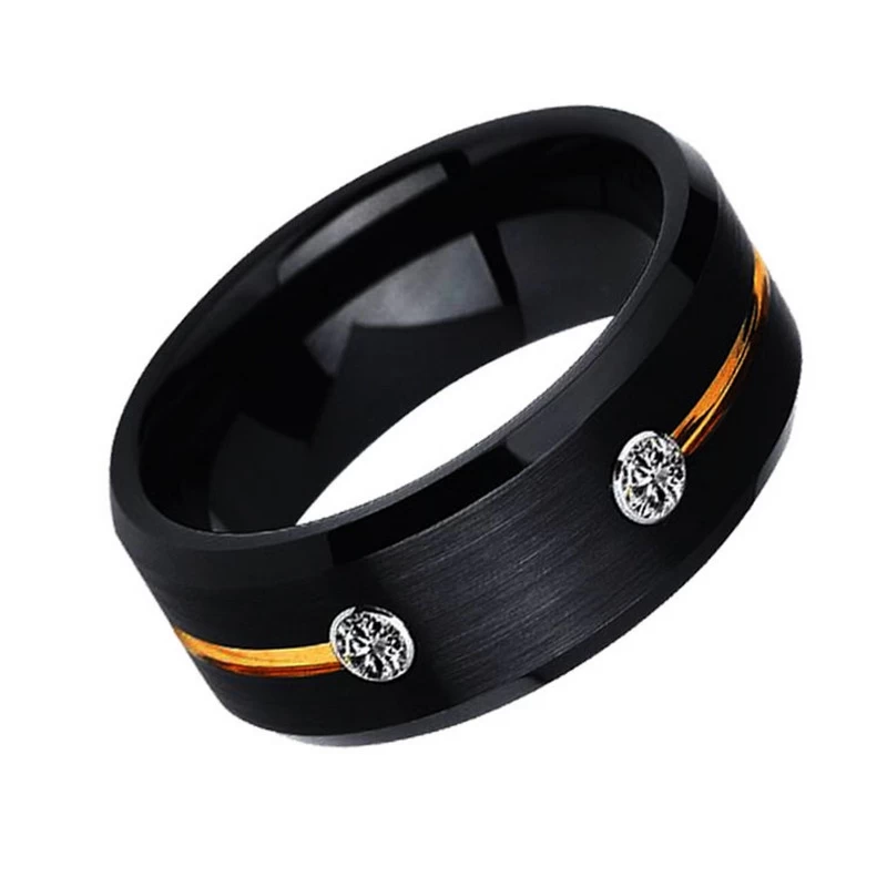 Einzigartige 8-mm-Eheringe für Herren mit flachen und abgeschrägten Kanten, schwarz gebürsteter Wolframring mit Goldrille und 2 weißen CZ-Steinen. China Hersteller
