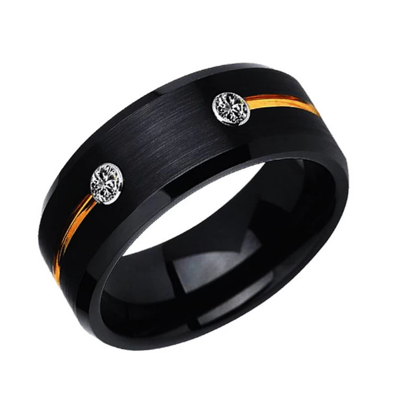 Einzigartige 8-mm-Eheringe für Herren mit flachen und abgeschrägten Kanten, schwarz gebürsteter Wolframring mit Goldrille und 2 weißen CZ-Steinen. China Hersteller