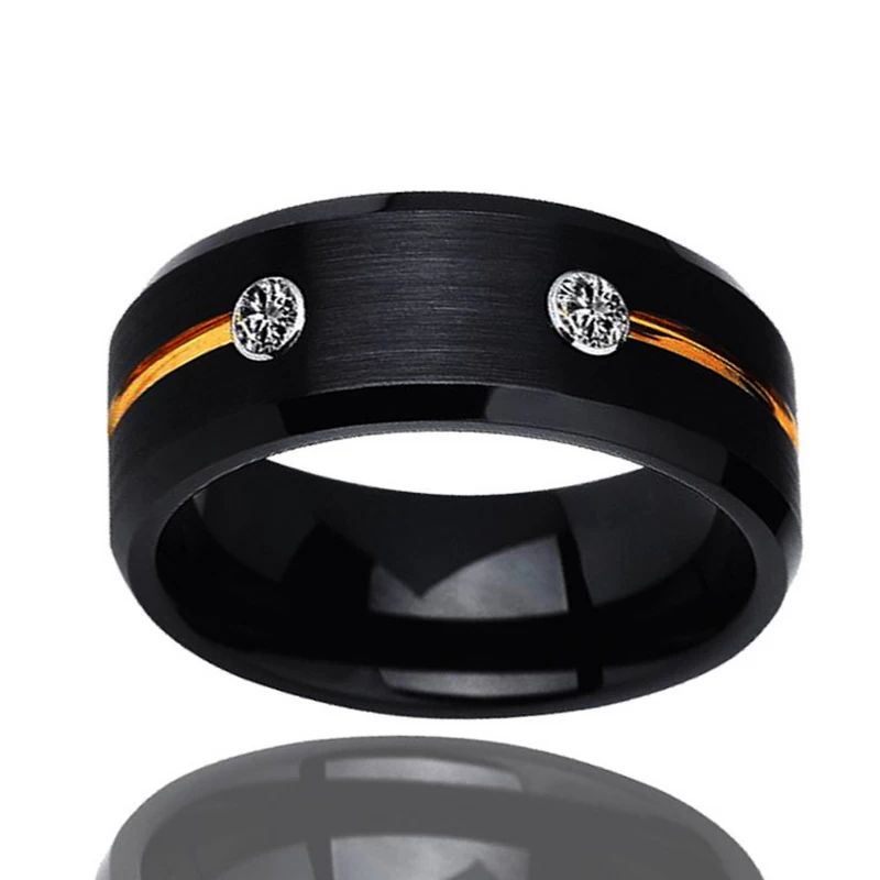 Einzigartige 8-mm-Eheringe für Herren mit flachen und abgeschrägten Kanten, schwarz gebürsteter Wolframring mit Goldrille und 2 weißen CZ-Steinen. China Hersteller