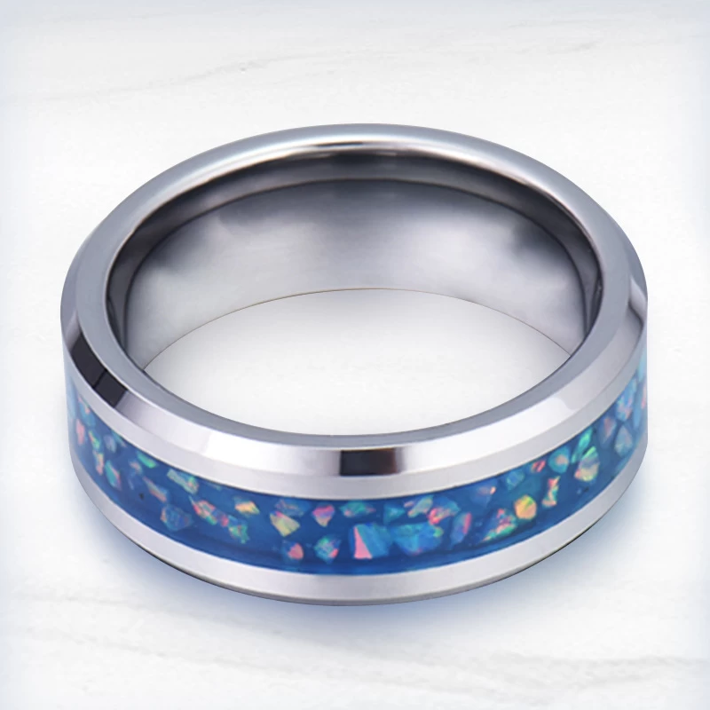 Wholesale Unisex Men's or Women's 8mm High Polished Men's Tungsten Wedding Bands Flat and Beveled Edges Tungsten Carbide Ring with Blue Opal Inlay China Manufacturer