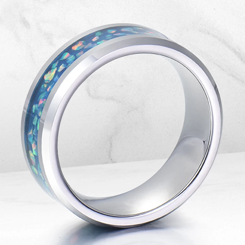 Wholesale Unisex Men's or Women's 8mm High Polished Men's Tungsten Wedding Bands Flat and Beveled Edges Tungsten Carbide Ring with Blue Opal Inlay China Manufacturer