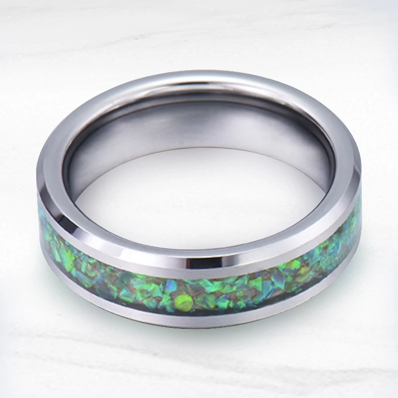 Großhandel Unisex Männer oder Frauen 8 mm hochglanzpoliert Wolfram Eheringe flache und abgeschrägte Kanten Wolframcarbid Ring mit grünem Opal Inlay China Hersteller