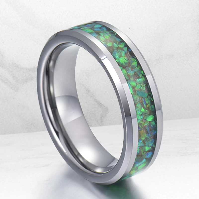 Großhandel Unisex Männer oder Frauen 8 mm hochglanzpoliert Wolfram Eheringe flache und abgeschrägte Kanten Wolframcarbid Ring mit grünem Opal Inlay China Hersteller
