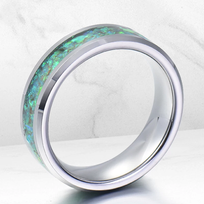 Großhandel Unisex Männer oder Frauen 8 mm hochglanzpoliert Wolfram Eheringe flache und abgeschrägte Kanten Wolframcarbid Ring mit grünem Opal Inlay China Hersteller