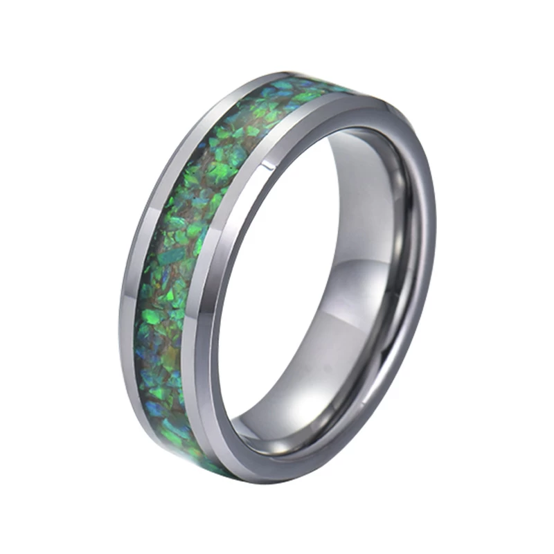Großhandel Unisex Männer oder Frauen 8 mm hochglanzpoliert Wolfram Eheringe flache und abgeschrägte Kanten Wolframcarbid Ring mit grünem Opal Inlay China Hersteller