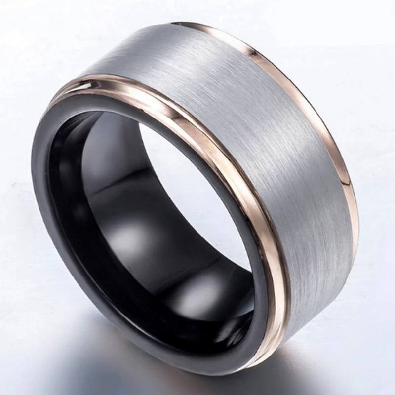 Einzigartiger 10 mm dreifach getönter Wolframkarbidring Roségold Schwarz Silber Stufenkanten Wolframkarbidring China Hersteller