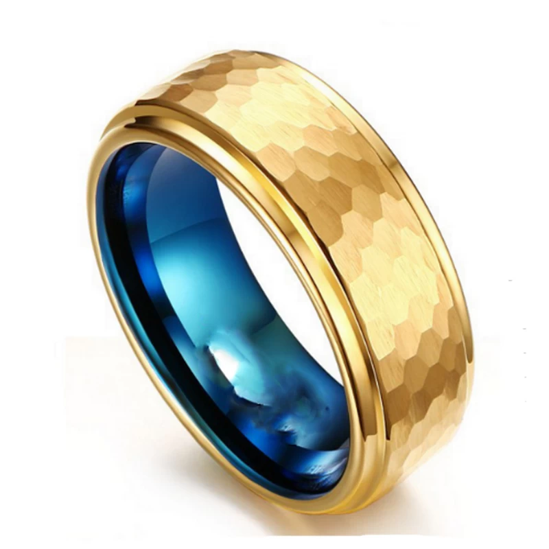 Unique 8mm Two Toned Tungsten Carbide Ring Gold and Blue Hammered Step Edges Tungsten Carbide Ring China Manufacturer