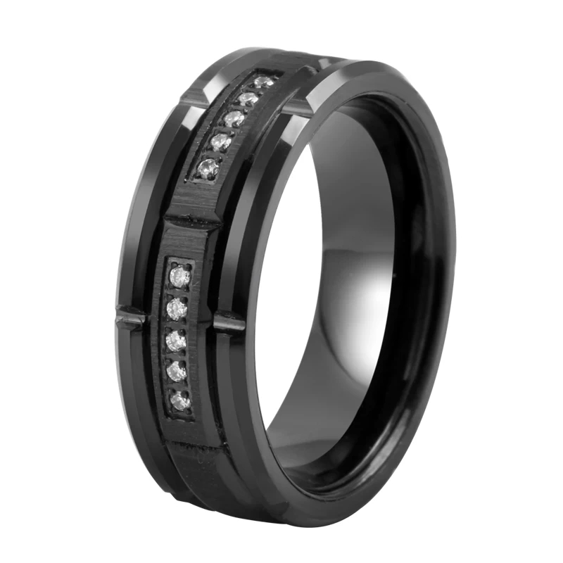 Cina Fedi nuziali popolari da uomo scanalate in mattoni da 8 mm con bordi piatti e smussati Anello in tungsteno oro scanalato in mattoni con pietre CZ nere intarsiate Cina Produttore