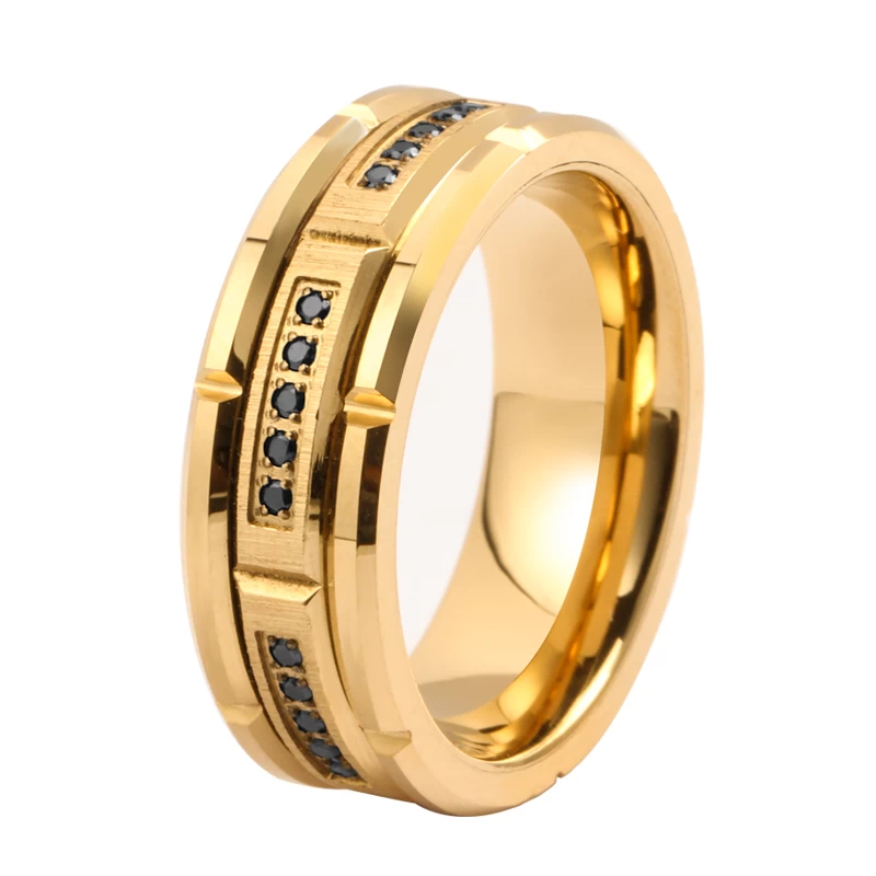 Cina Fedi nuziali popolari da uomo scanalate in mattoni da 8 mm con bordi piatti e smussati Anello in tungsteno oro scanalato in mattoni con pietre CZ nere intarsiate Cina Produttore