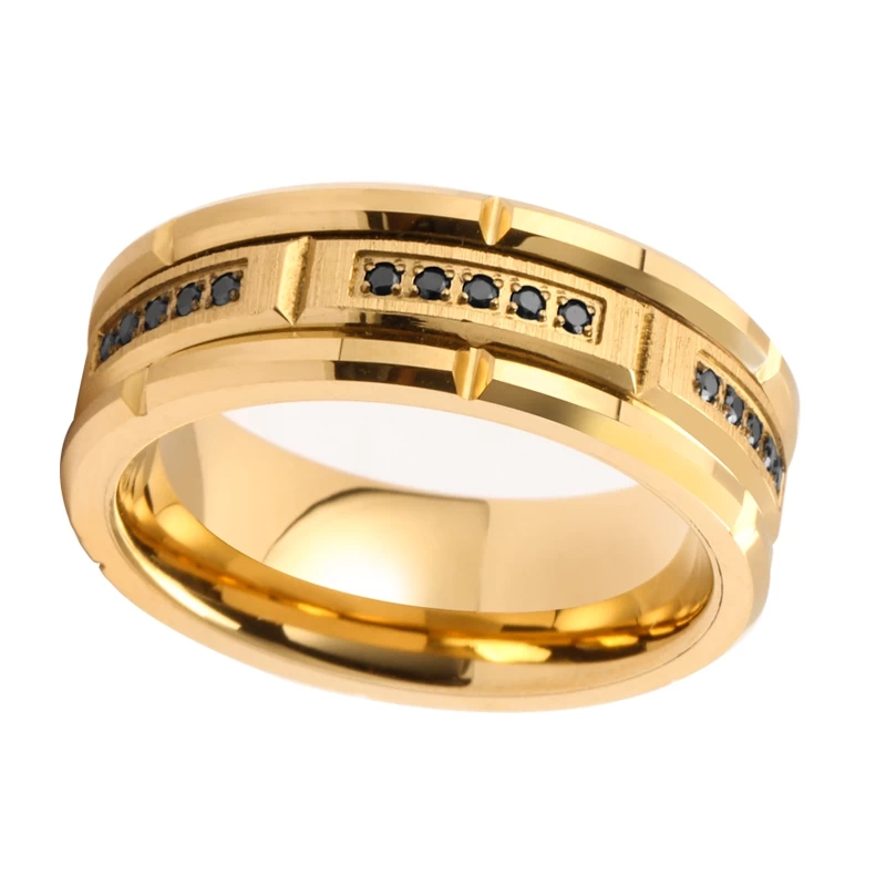 Cina Fedi nuziali popolari da uomo scanalate in mattoni da 8 mm con bordi piatti e smussati Anello in tungsteno oro scanalato in mattoni con pietre CZ nere intarsiate Cina Produttore