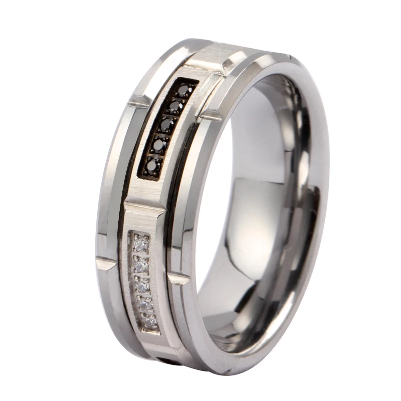 Cina Fedi nuziali popolari da uomo scanalate in mattoni da 8 mm con bordi piatti e smussati Anello in tungsteno oro scanalato in mattoni con pietre CZ nere intarsiate Cina Produttore