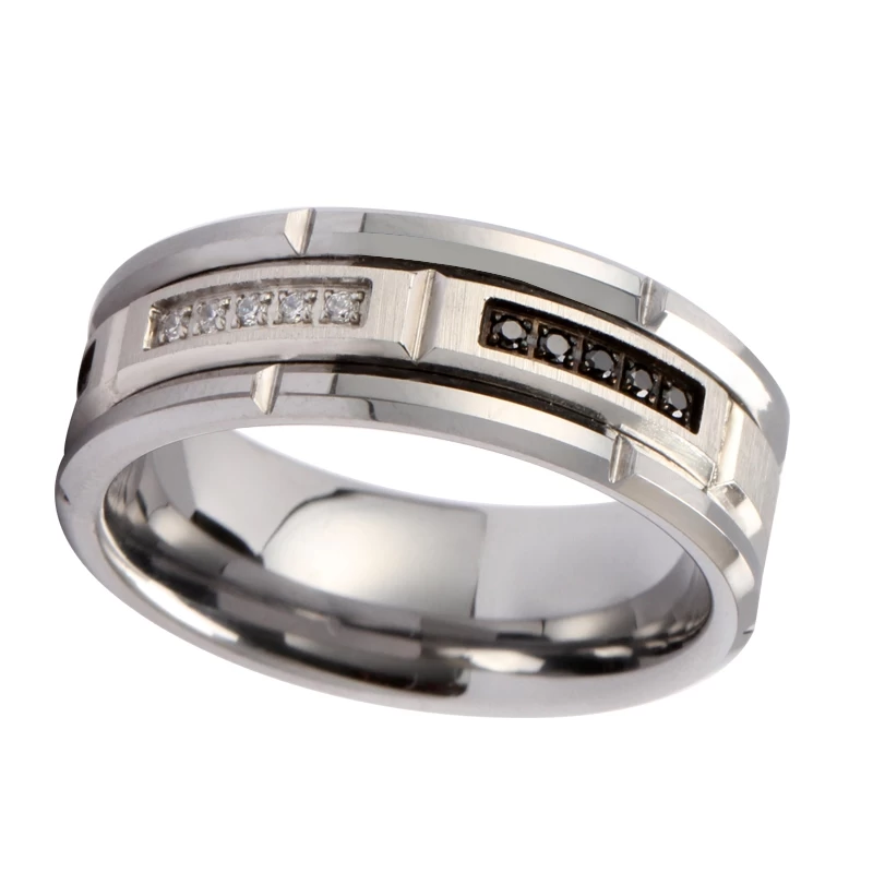 Chine Bandes de mariage populaires pour hommes rainurées en brique de 8 mm avec bords plats et biseautés Bague en tungstène en brique avec incrustation de pierres CZ noires et blanches Fabricants