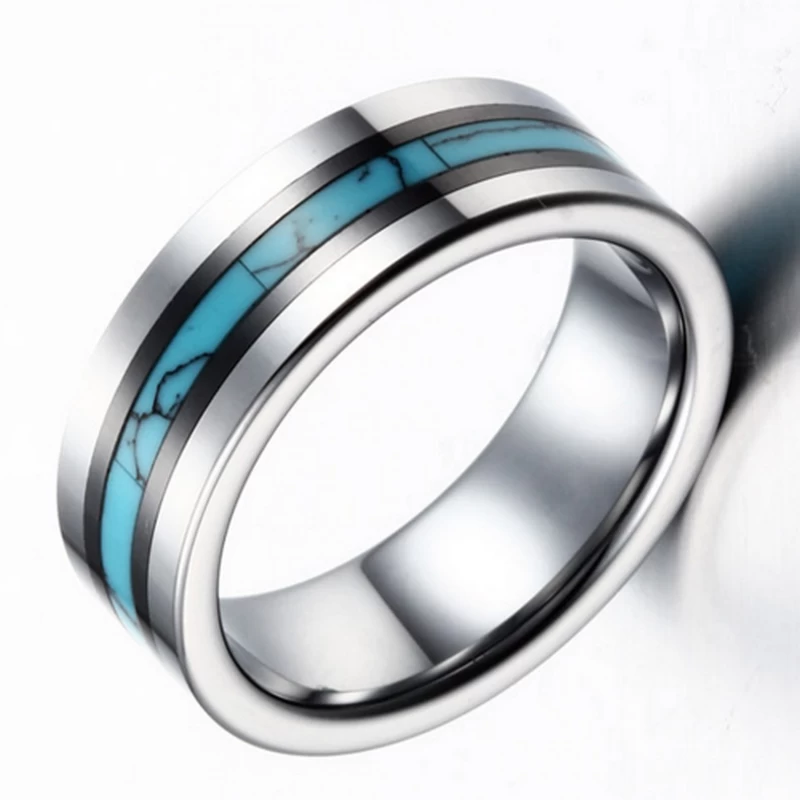 Chine Bandes de mariage populaires en tungstène pour hommes de 8 mm Bague en carbure de tungstène hautement poli avec incrustation en céramique noire et turquoise broyée Fabricants