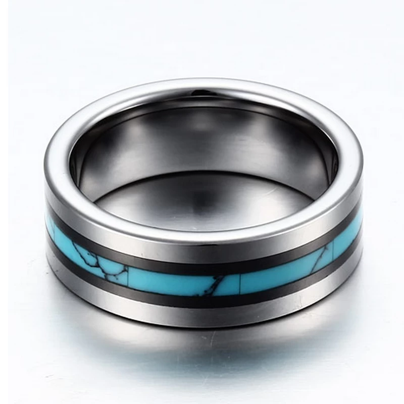 Chine Bandes de mariage populaires en tungstène pour hommes de 8 mm Bague en carbure de tungstène hautement poli avec incrustation en céramique noire et turquoise broyée Fabricants