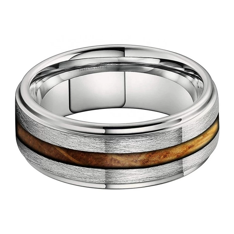 Unisex Brushed Step Edges Tungsten Carbide Ring with Whisky Barrel Oak Wood Inlay China Supplier - COPY - 6ijg2g