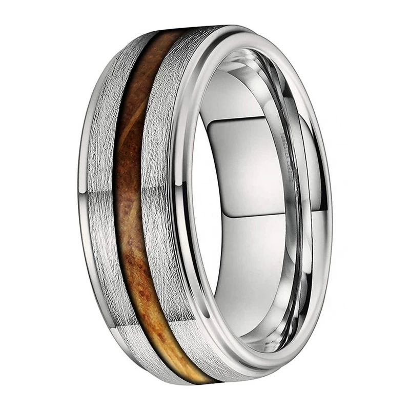 Unisex Brushed Step Edges Tungsten Carbide Ring with Whisky Barrel Oak Wood Inlay China Supplier - COPY - 6ijg2g