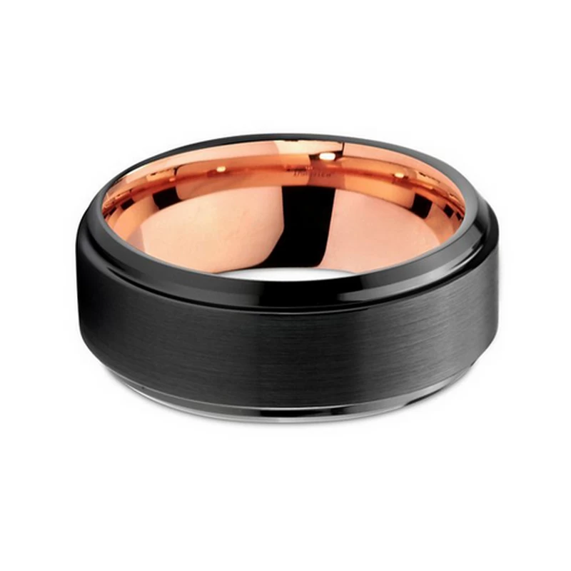 Einzigartiger 8 mm zweifarbiger Wolframcarbid-Ring, flache Stufe, abgeschrägte Kanten, gebürsteter schwarzer und roségoldener Wolframcarbid-Ring, China-Hersteller