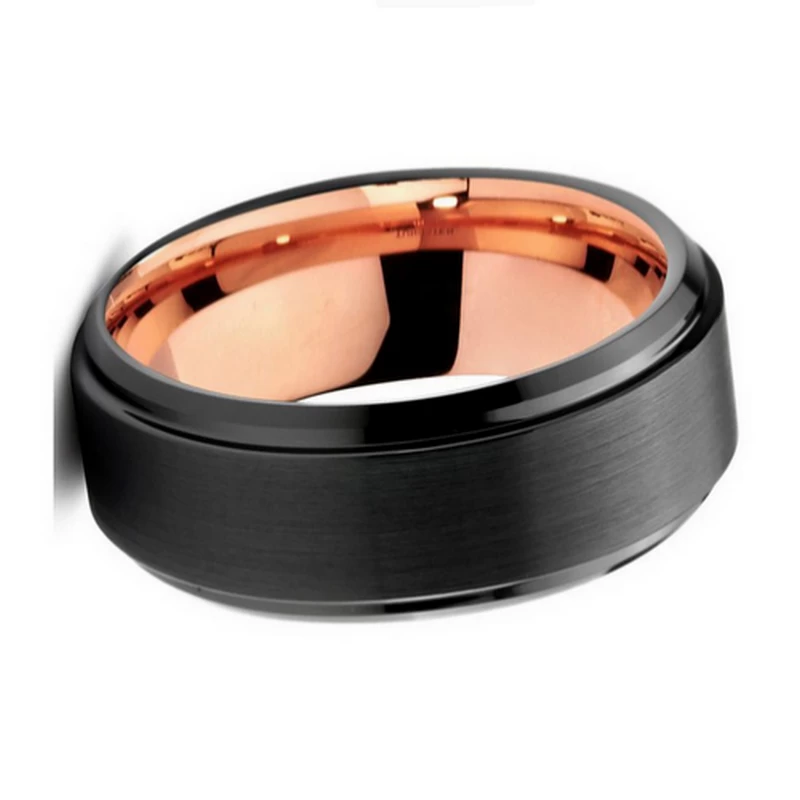 Einzigartiger 8 mm zweifarbiger Wolframcarbid-Ring, flache Stufe, abgeschrägte Kanten, gebürsteter schwarzer und roségoldener Wolframcarbid-Ring, China-Hersteller