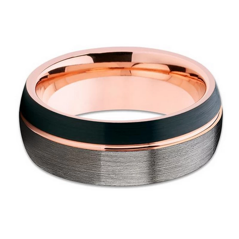 Unique 8mm Triple Toned Tungsten Carbide Ring Black Matte Brushed Tungsten Ring Thin Side Rose Gold Groove Line Dome Shape Edge Comfort Fit China Supplier