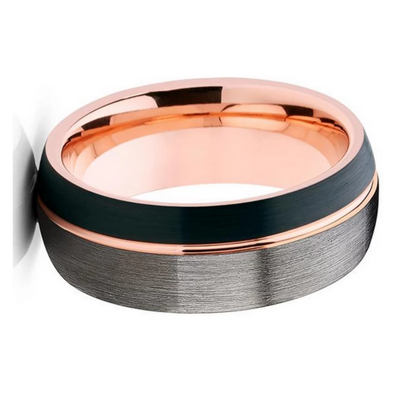 Unique 8mm Triple Toned Tungsten Carbide Ring Black Matte Brushed Tungsten Ring Thin Side Rose Gold Groove Line Dome Shape Edge Comfort Fit China Supplier