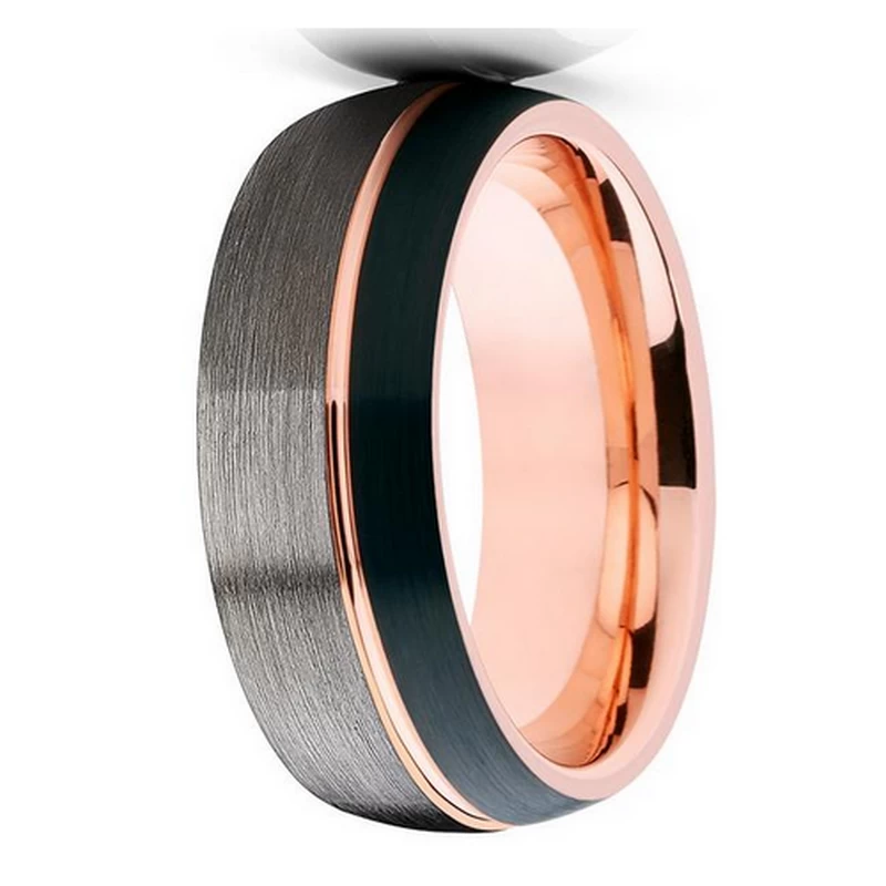 Unique 8mm Triple Toned Tungsten Carbide Ring Black Matte Brushed Tungsten Ring Thin Side Rose Gold Groove Line Dome Shape Edge Comfort Fit China Supplier