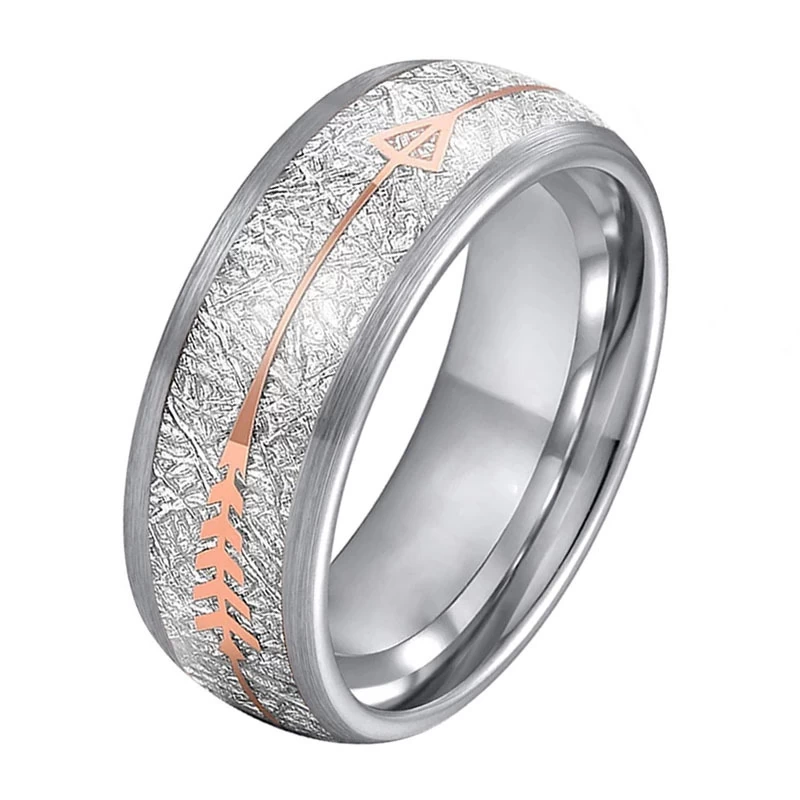 Erstaunliche kundenspezifische 8-mm-Wolfram-Eheringe mit Meteoriten- und Pfeileinlage China-Hersteller