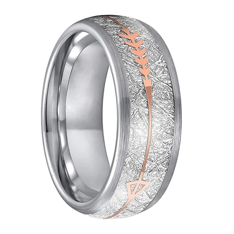 Erstaunliche kundenspezifische 8-mm-Wolfram-Eheringe mit Meteoriten- und Pfeileinlage China-Hersteller