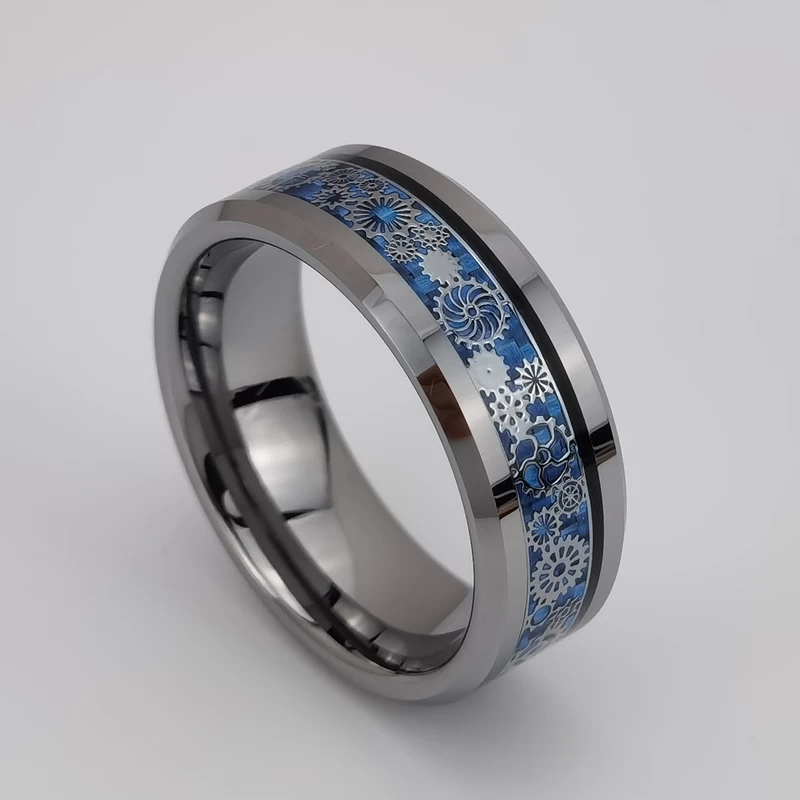 Anello di tungsteno in stock Popolare Anello da uomo piatto in carburo di tungsteno lucido da 8 mm Anello in fibra di carbonio blu scuro satinato e inserto in argento per ingranaggi Produttori cinesi