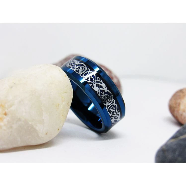 Tungsten Ring in Stock Popular 8mm High polished Blue Plating Men's Flat Beveled Edges Tungsten Carbide Ring with Silver Dragon and Blue Carbon Fiber inlay China Manufacturer