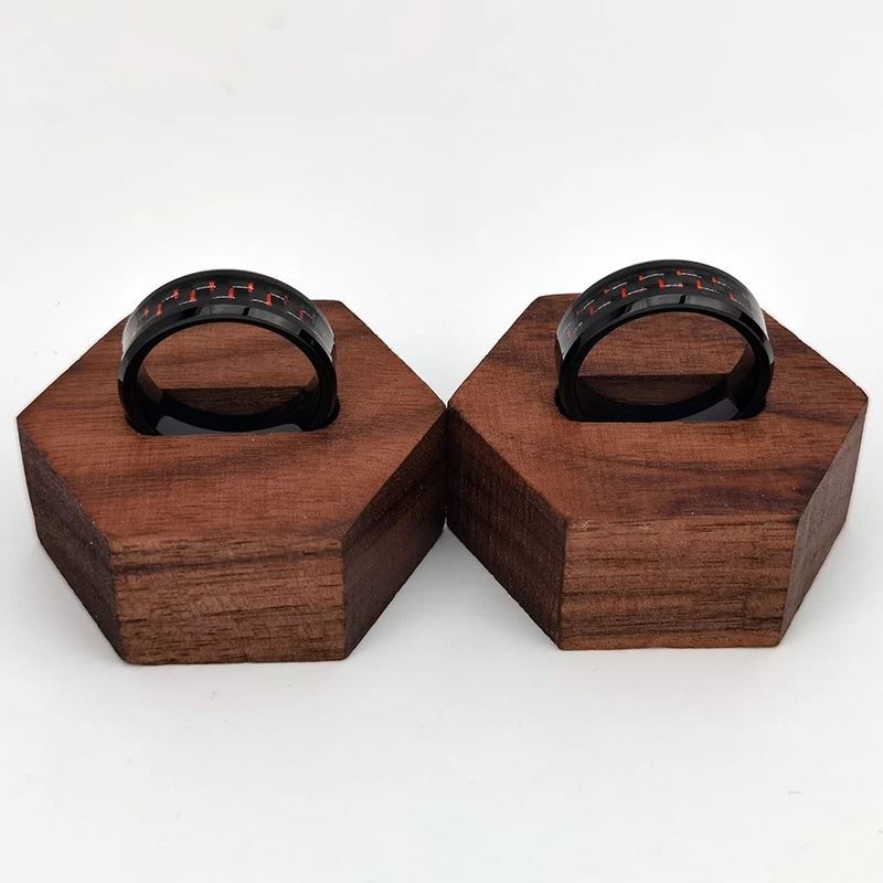 Tungsten Ring in Stock Popular 8mm High polished Black Plating Men's Flat Beveled Edges Tungsten Carbide Ring with Black and Red Carbon Fiber Inlay China Manufacturer
