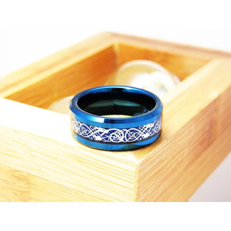 Tungsten Ring in Stock Popular 8mm High polished Blue Plating Men's Flat Beveled Edges Tungsten Carbide Ring with Silver Dragon and Blue Carbon Fiber inlay China Manufacturer