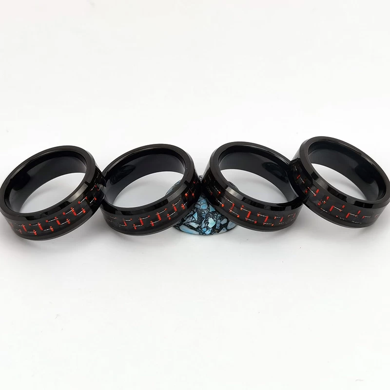 Tungsten Ring in Stock Popular 8mm High polished Black Plating Men's Flat Beveled Edges Tungsten Carbide Ring with Black and Red Carbon Fiber Inlay China Manufacturer