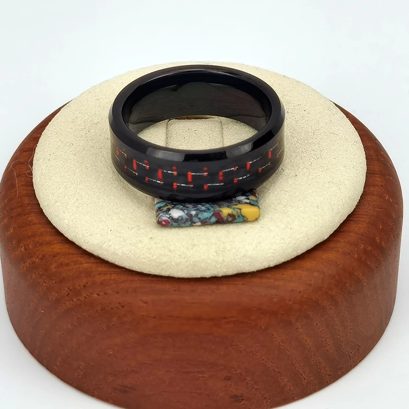 Tungsten Ring in Stock Popular 8mm High polished Black Plating Men's Flat Beveled Edges Tungsten Carbide Ring with Black and Red Carbon Fiber Inlay China Manufacturer