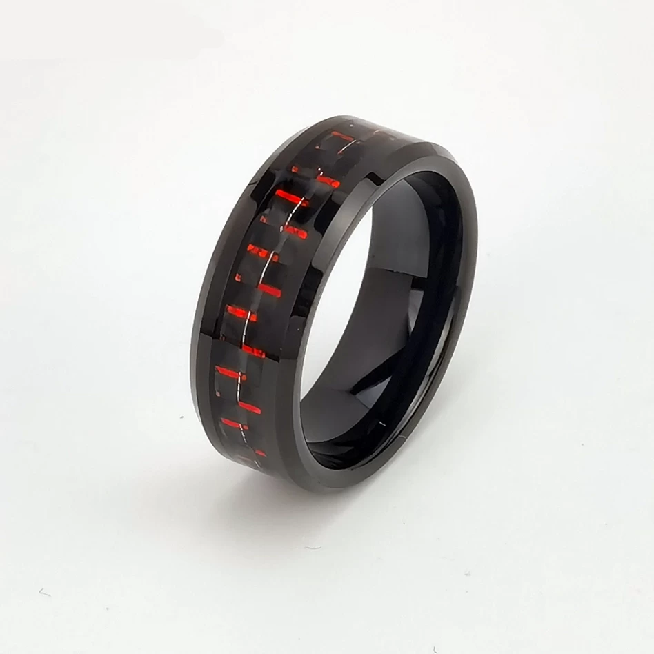 Tungsten Ring in Stock Popular 8mm High polished Black Plating Men's Flat Beveled Edges Tungsten Carbide Ring with Black and Red Carbon Fiber Inlay China Manufacturer