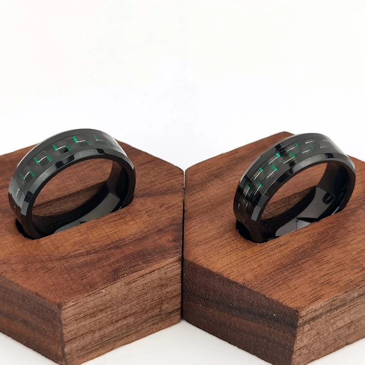 Tungsten Ring in Stock Popular 8mm High polished Black Plating Men's Flat Beveled Edges Tungsten Carbide Ring with Black and Green Carbon Fiber Inlay China Manufacturer