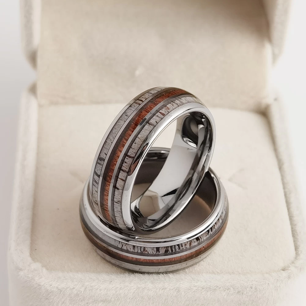 Wolframring mit niedrigem MOQ auf Lager Beliebte 8 mm hochglanzpolierte gewölbte Wolfram-Eheringe mit Holz- und Geweiheinlage China-Lieferant