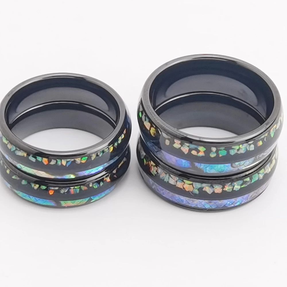 Tungsten Ring in Stock Popular 8mm High polished Domed Black Tungsten Ring with Opal and Ablone Shell Inlay China Supplier